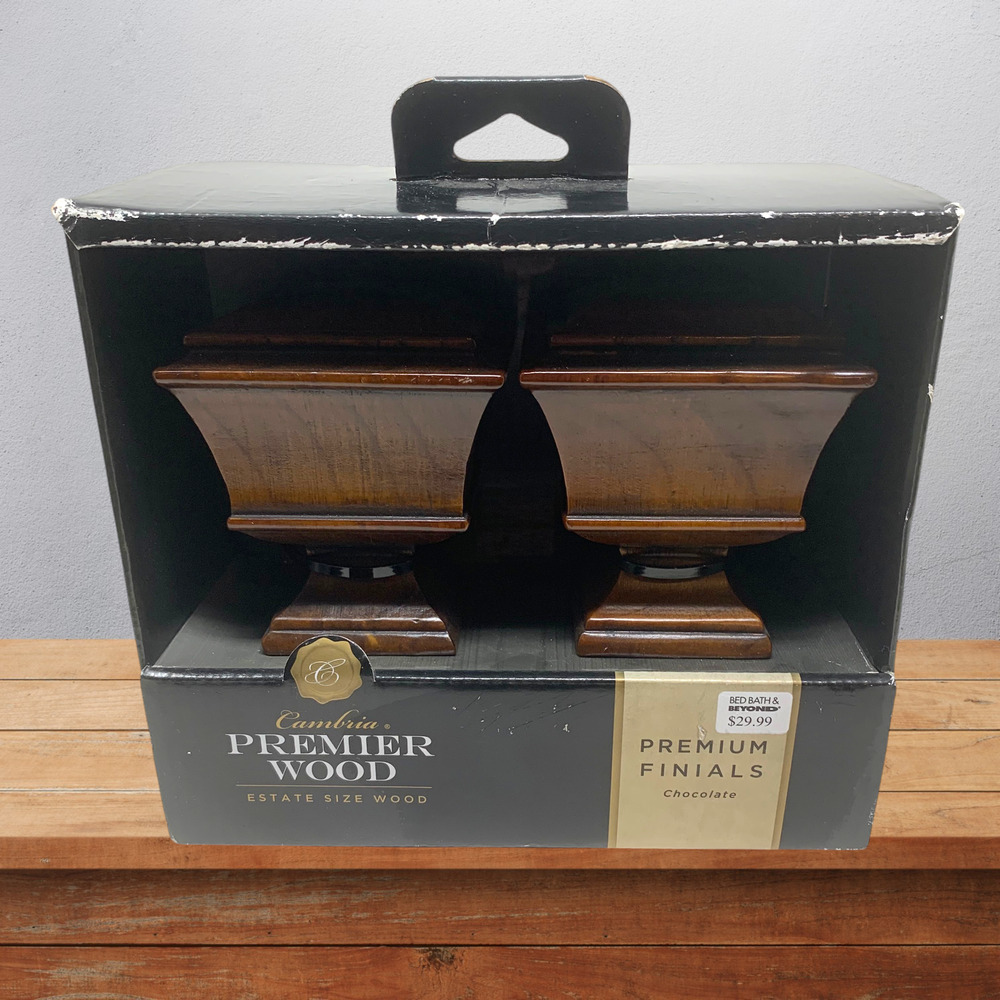 NEW Cambria Premier Wood Curtain Rod Finials Pair Estate Size Chocolate 73718